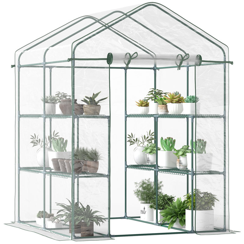 5' X 5' X 6' Mini Walk-In Greenhouse Kit, Portable Green House With 3 Tier Shelves, Roll-Up Door, And Weatherized Plastic Cover For Backyard Garden, Clear