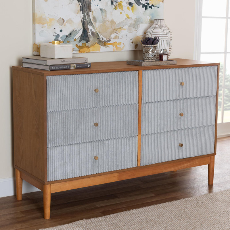Taylin Mid-Century Grey Corduroy And Oak Brown Wood 6-Drawer Dresser