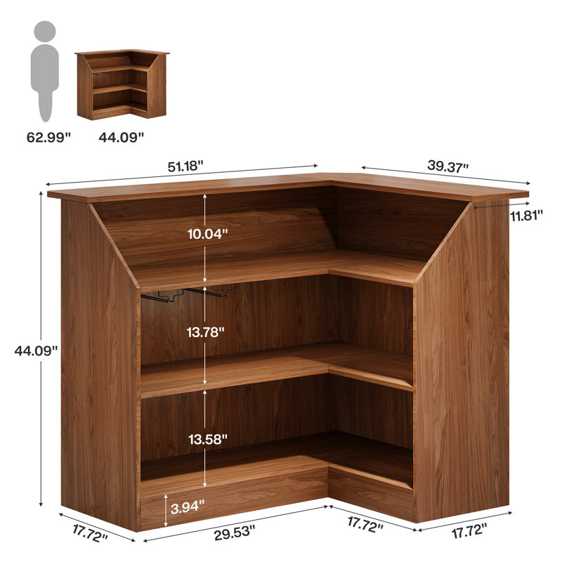 Burnes L-Shaped 4-Tier Wood Bar Cabinet with Stemware Racks, Red Brown