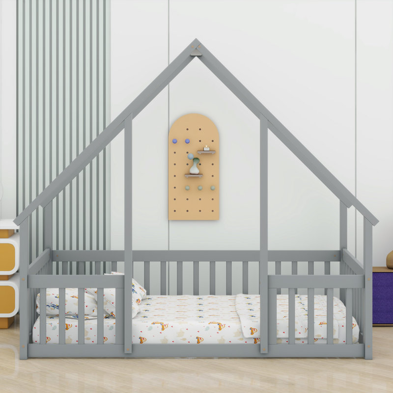 Lit moderne en forme de maison moderne avec clôture et garde-corps, Gris