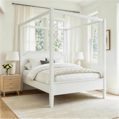 Grand lit plateforme à baldaquin en bois avec tête de lit et pieds de support, blanc crème