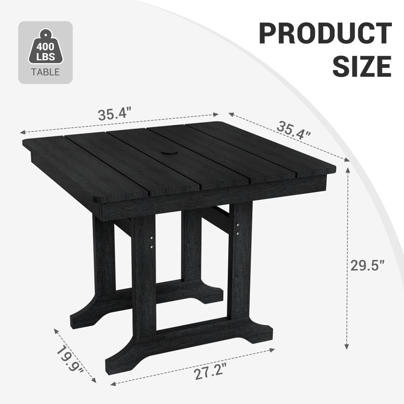 Davonia HDPE Square Outdoor Dining Table, Black