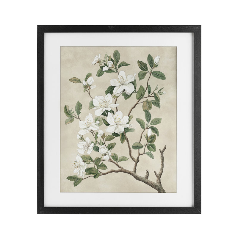Reproduction sous verre rétro encadrée d'un arbre blanc, design par Petal Prints Design, H 16 po x l 13 po, Cadre noir minuit