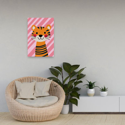 Happy Pink Tiger Modern Playful Cat Tiger Wall Art Print by Mathieu - Wrapped Canvas Print