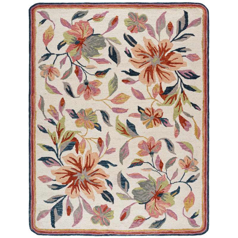 Laine touffetée à la main Jardin; Tapis d'intérieur floral en coton, Rectangulaire 8 pi x 10 pi