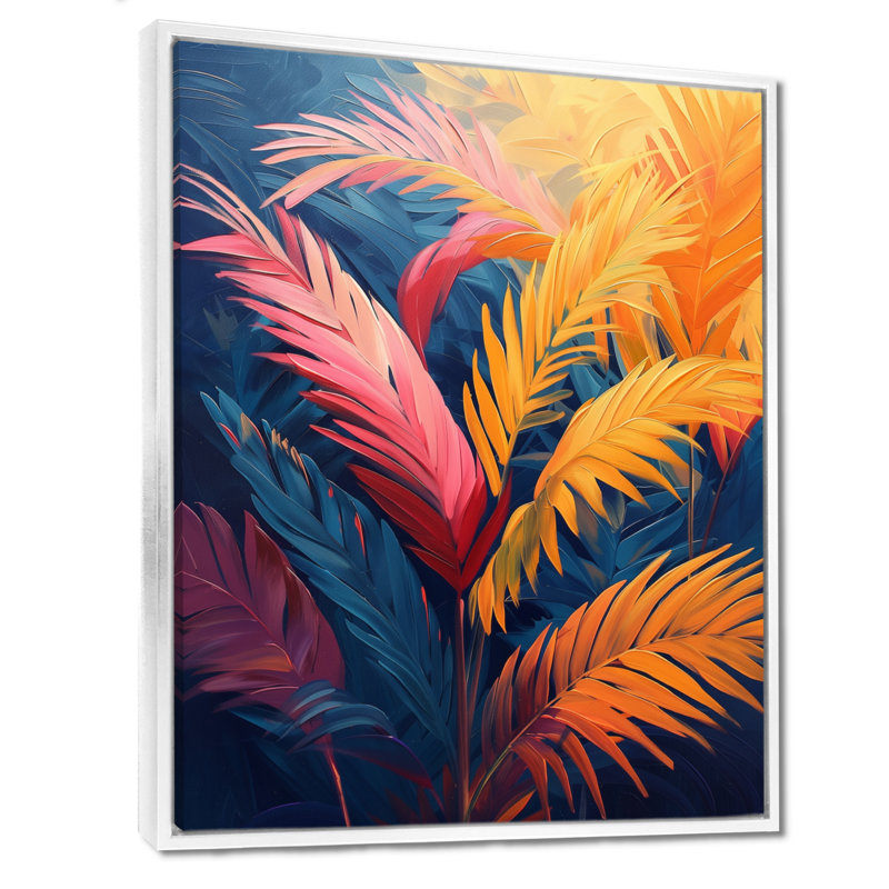 Impression sur toile orange, feuilles de palmier roses - Vibrant Dreams - palmiers et palmiers, Cadre flottant blanc