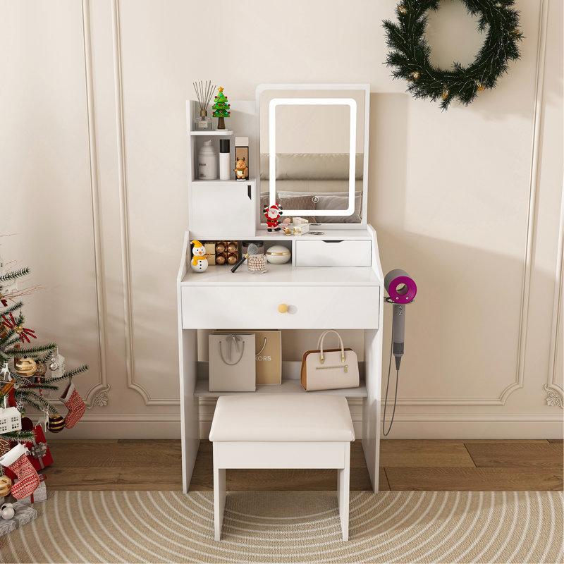 Miroir de coiffeuse 3 couleurs avec tabouret à DEL, coiffeuse rose pour la chambre à coucher, 2 tiroirs 5 armoires de rangement (4 ouvertes avec 1 cachée), éclairage réglable (blanc)