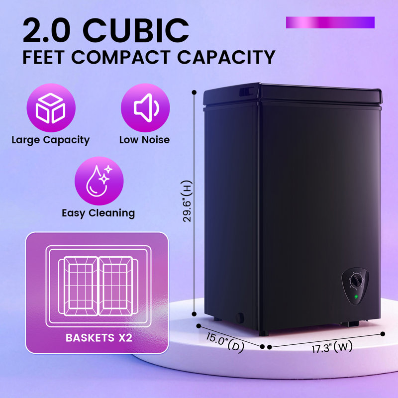 2.0 Cubic Feet Chest Freezer With 2 Removable Baskets Free Standing Top Open Door Compact Deep Freezer With Adjustable Temperature For Home/Kitchen/Office/Bar