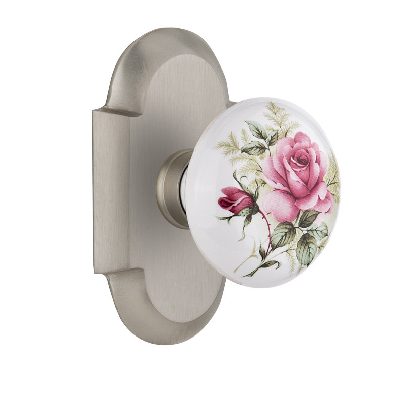 Plaque Cottage avec poignée de porte en porcelaine blanche, 2,375 po, Nickel satiné