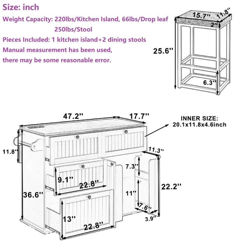 47.2" Large Kitchen Island With 2 Bar Stools,Drop Leaf And Power Outlet, White