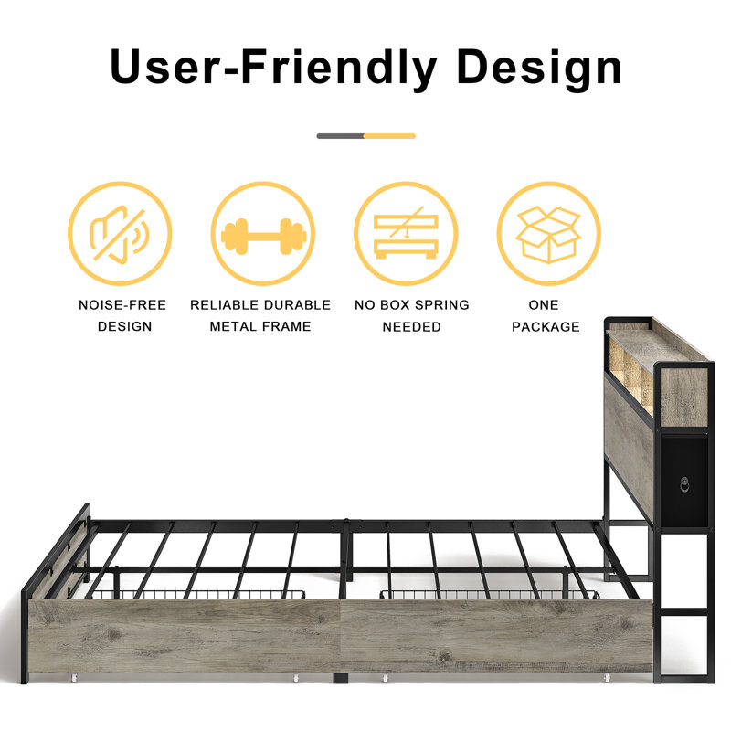 Antioch Bed Frame with 2 Underbed Drawers & 2 Bedside Drawers, Modern Bed with Charging Station & LED Light