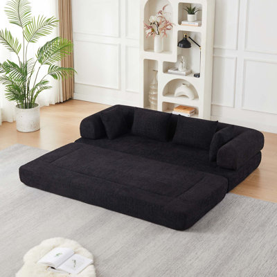 Chenille Convertible Folding Sleeper Loveseat Sofa with 2 Back Cushions & 2 Throw Pillows & Removable Armrests