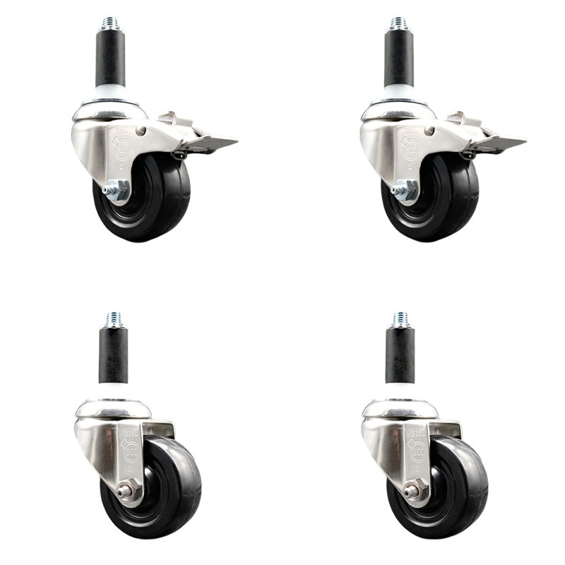 316SS Hard Rubber Swivel Expanding Stem Caster Set 2 Lock Brake