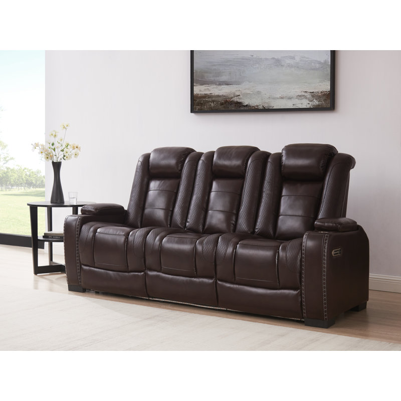 83.5''Wide Breathable Leather Square Arms Power Reclining Sofa With Reading Lights And Drop Down Table, Brown Faux Leather