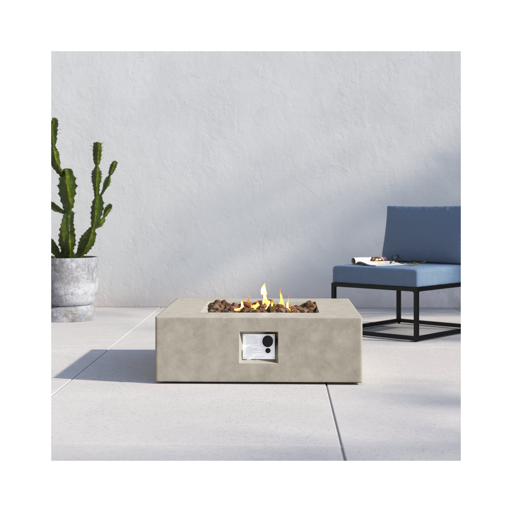 Rashid Fire Pit Table, Natural Concrete, 12" H x 34" W x 34" D