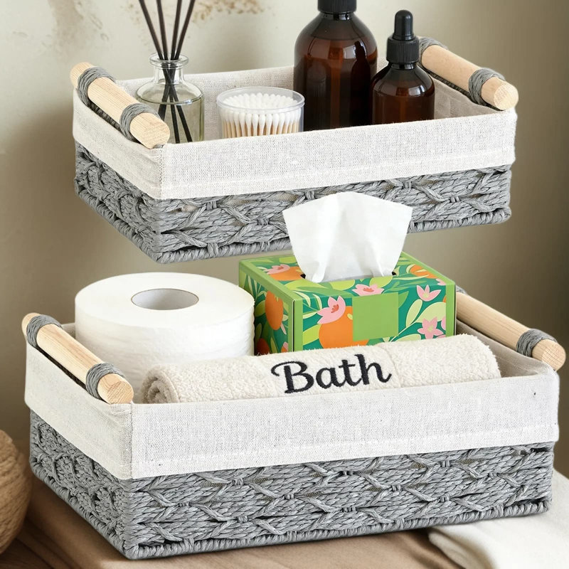 Handwoven Toilet Paper Storage Basket With Wooden Handles, Bathroom Organizer For Over Toilet Tank, Shelves, And Countertops, Decorative Storage Set