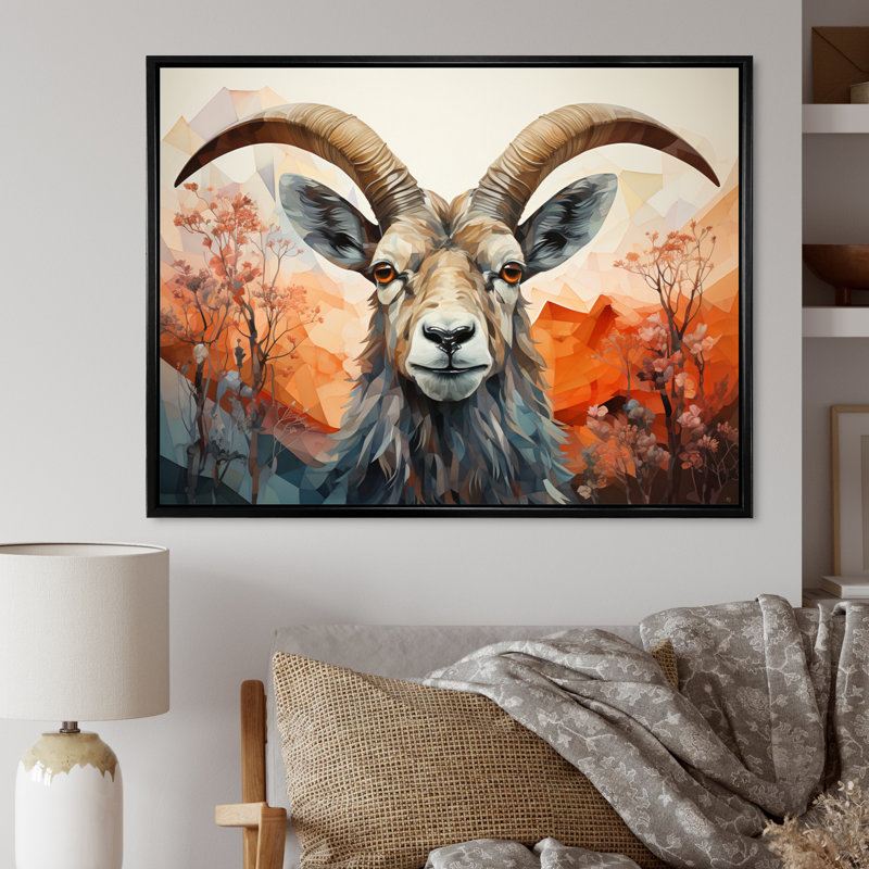 Goat Mountain Explorer géométrique - Chèvre, art mural, H 30 po x l 40 po x P 1,5 po, Cadre flottant noir