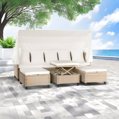 Ensemble de canapé de patio en résine tressée résistant aux rayons UV avec auvent rétractable, coussins et table élévatrice