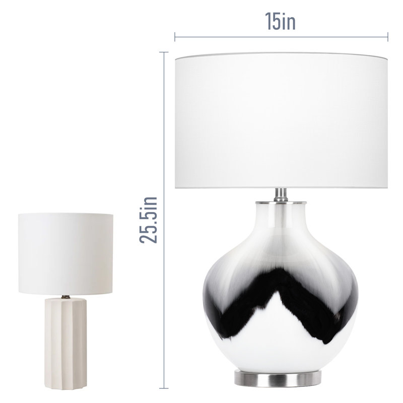 25.5" Large Ceramic Bedside Table Lamp, Ceramic Living Room Lamp, White Ink Bedside Lamp With Round Linen Lampshade, Modern Bedroom Lamp