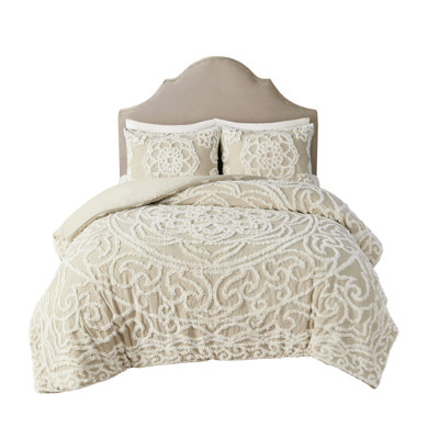Taupe 3 King/ King Duvet Cover Ensemble. 100% Cotton For Comfort. Chenille Medallion Accent. 2 Coordinating Shams. . Washable Bedding 3 Piece Collection - Taupe. Serene Rest. Design Fascination.