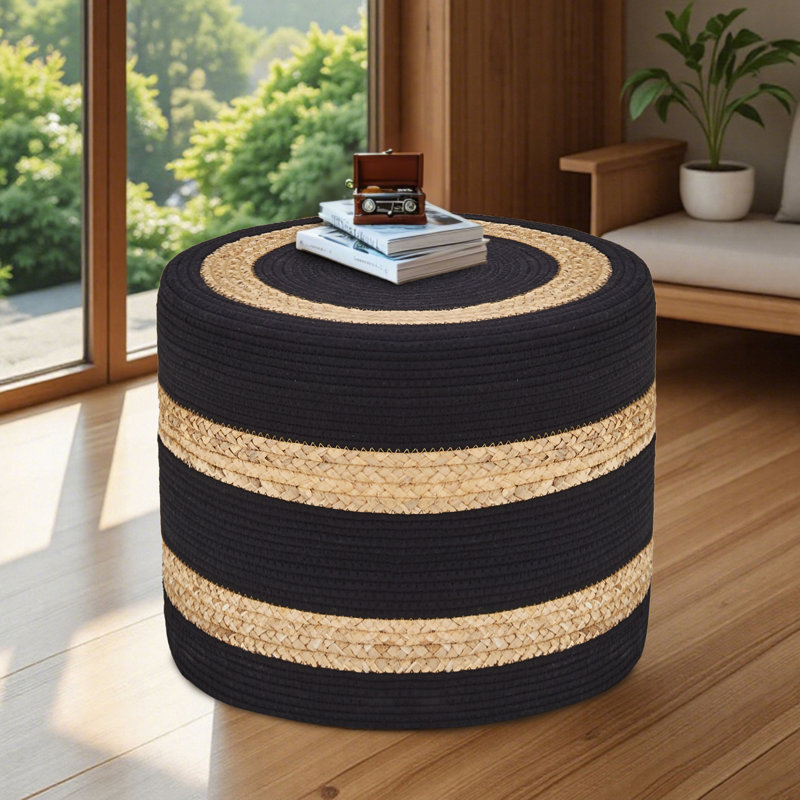 Onaway Upholstered Pouf, Black/Natural