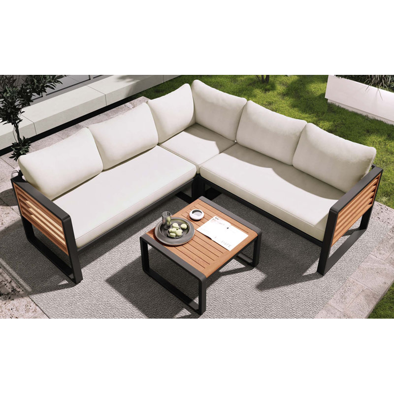 4-Pieces Patio L-Shaped Conservation Sofa Set With Coffee Tables, Beige