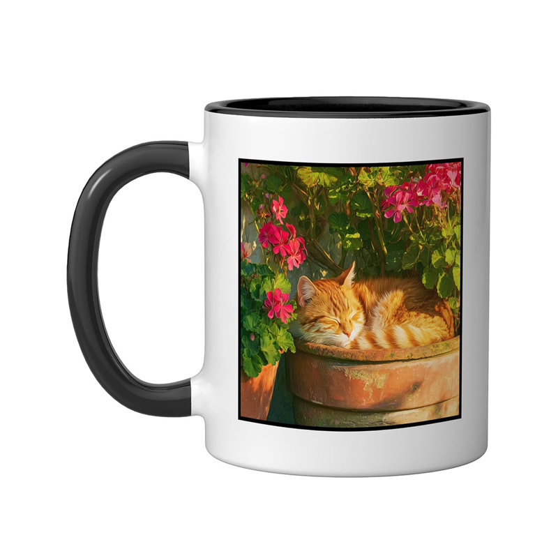 Sleeping Orange Cat In Flower Pot Garden Ceramic Mug, 11oz