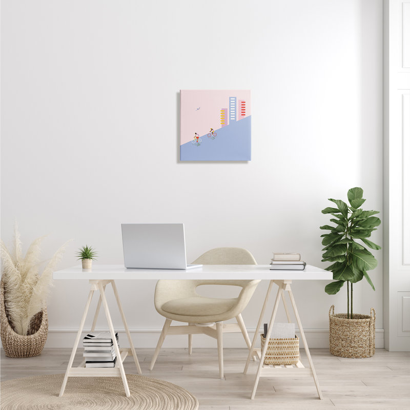 Paysage urbain moderne, descente à vélo, oiseau tropical - impression, H 17 po x l 17 po x l 1,5 po, Toile tendue