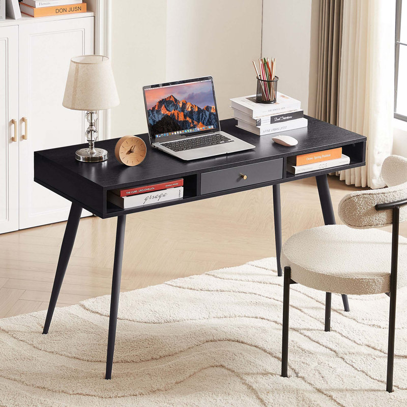 Bureau Mid-Century avec ports USB et prise de courant, bureau d'écriture moderne avec tiroirs, bureau d'ordinateur multifonctionnel