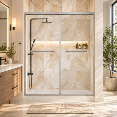 Porte de douche à double cadre coulissante de 44 à 48 po x H 72 po avec verre trempé 1/4 po (6 mm) et roulettes silencieuses