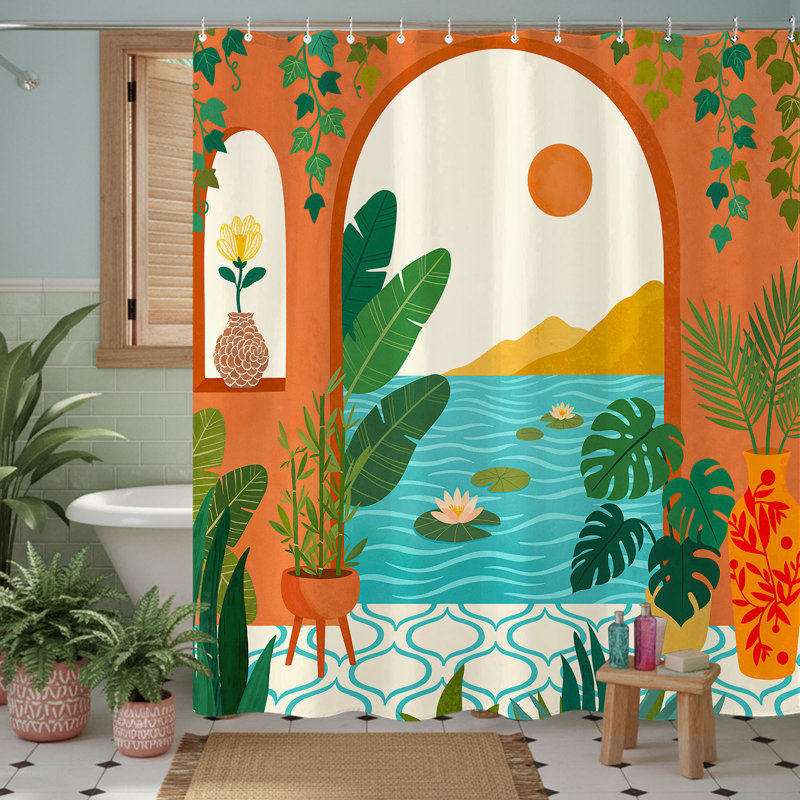 Ensemble de rideau de douche Boho Tropical Orange Palm Tree