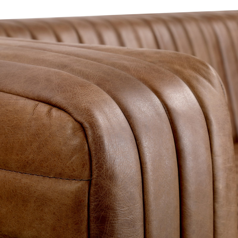 Castle 95" Genuine Leather Square Arm Chesterfield Sofa, Cappuccino Genuine Leather