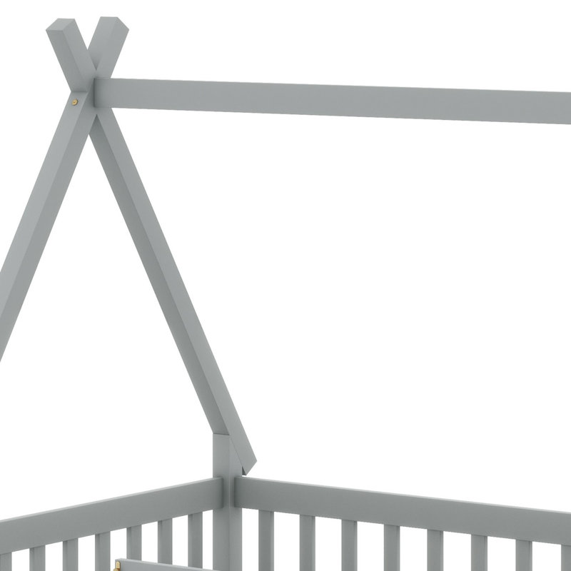 Lit de sol pour enfant en forme de tente Whimsical, cadre avec garde-corps, lattes robustes et porte, Gris