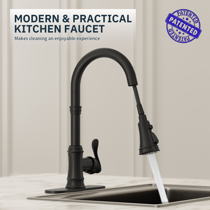 Swivel Pull-Down 3 Spray High Arc Single-Handle Kitchen Faucet With Deck Plate, Matte Black