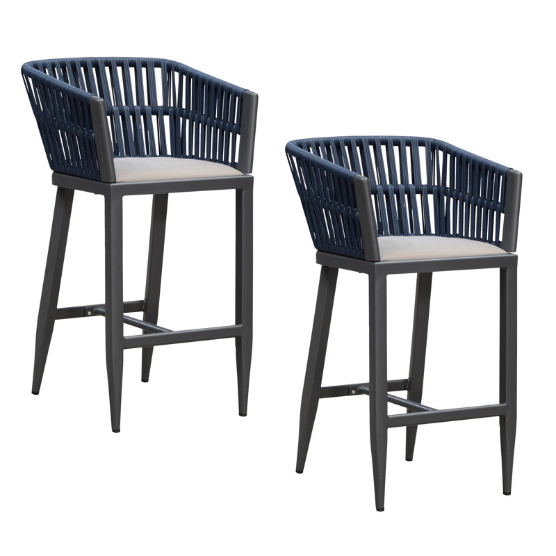 PURPLE LEAF Outdoor Wicker Rattan Bar Stools with Backrest and Cushions for Overweight, Gray