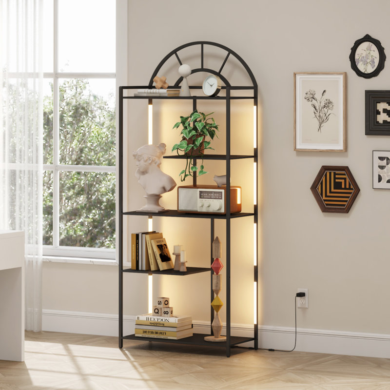 Arched Geometric Led Display Shelf With Adjustable Colour Temperature, Brightness Control, Etagere Bookshelf With Metal Frame And Wood Shelf For Living Room, Bedroom, Curio Cabinet, Black