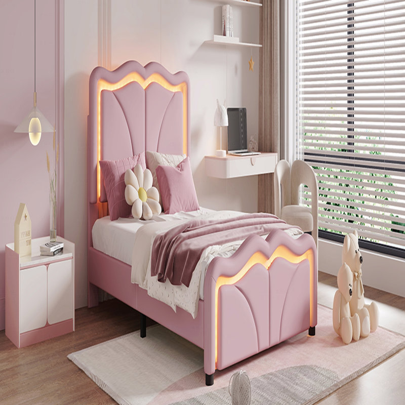 Lit plateforme simple tapissier avec tête de lit courbée et réglable en hauteur, bandes lumineuses à DEL, Lit simple, Rose