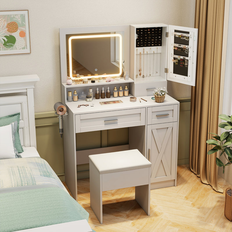  Ensemble de coiffeuse Farmhouse avec miroir et lumières 3 modes d'éclairage et luminosité réglable