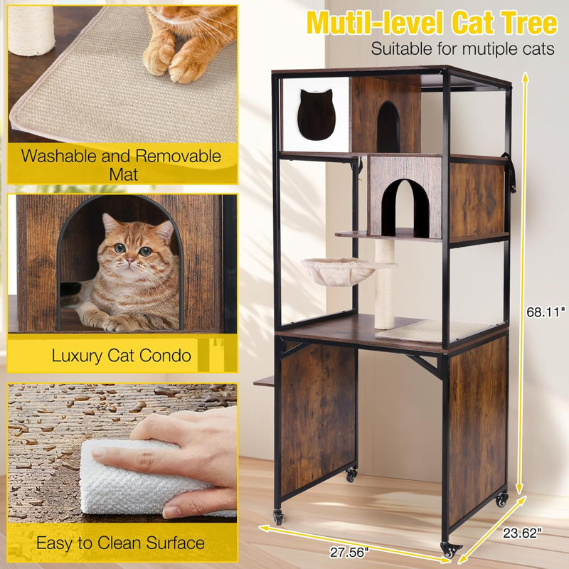 Wood Cat Condo Furniture with Litter Box Enclosure, 2-in-1 Modern Cat Tower
