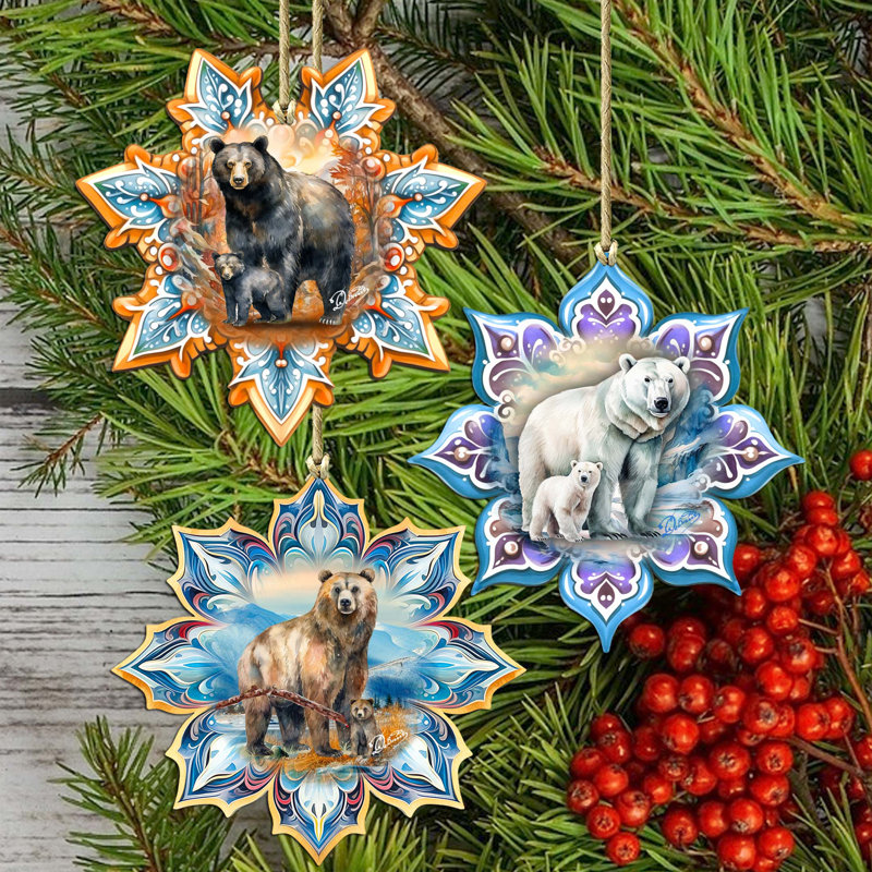 Ensemble de 3 ornements en forme de flocons de neige en forme d'ours par G Debrekht