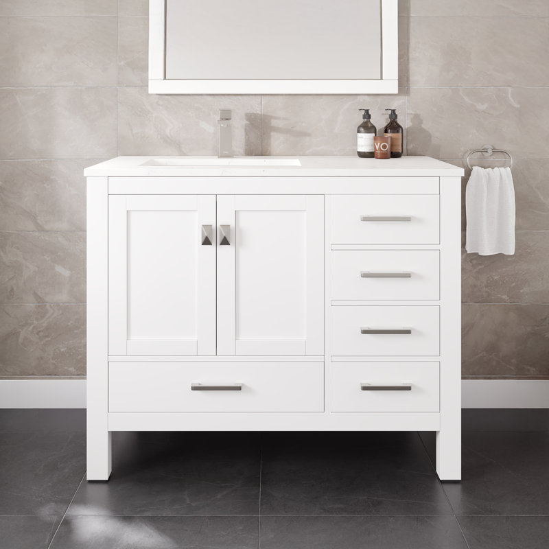 London Meuble-lavabo simple avec comptoir en quartz de Carrare et lavabo encastré en porcelaine, Blanc