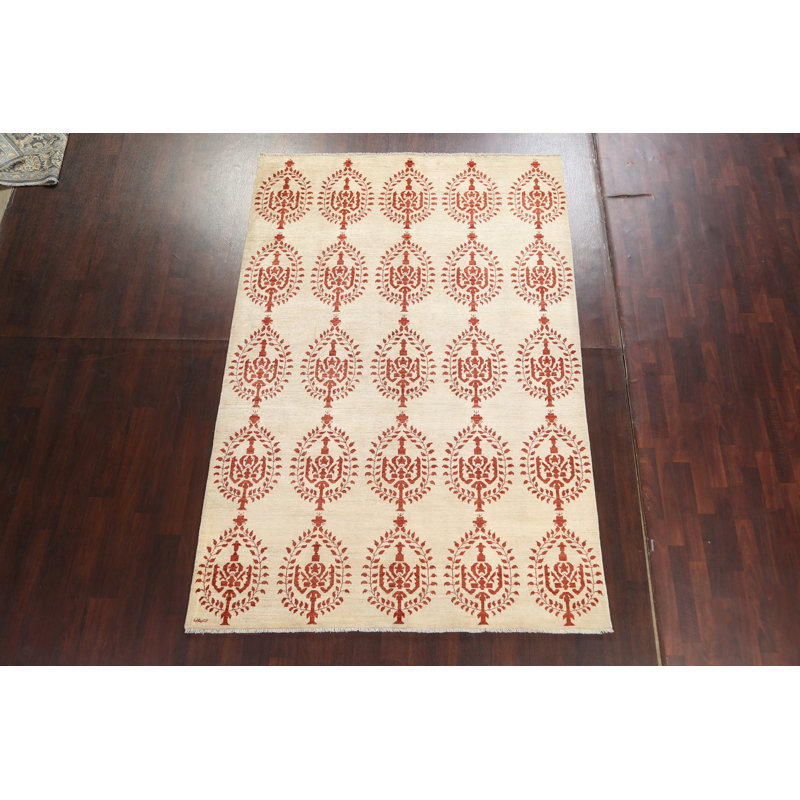 Tapis ivoire en laine noué à la main de conception unique 6 pi 3 po x 9 pi 7 po