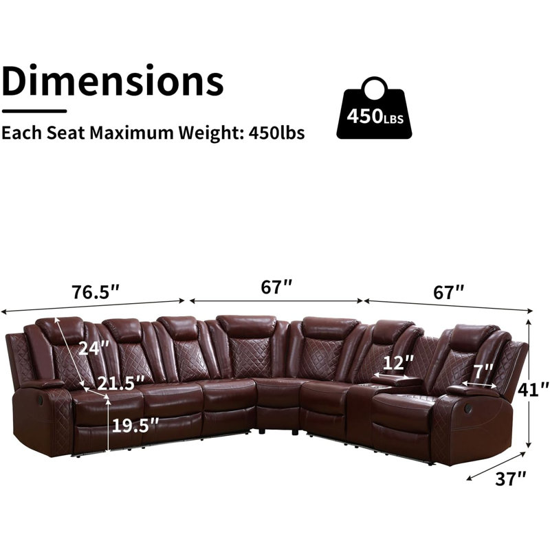 3-Pieces 210" Breathing Leather Power Reclining Theater Sectional With LED Lighting (Set of 3)