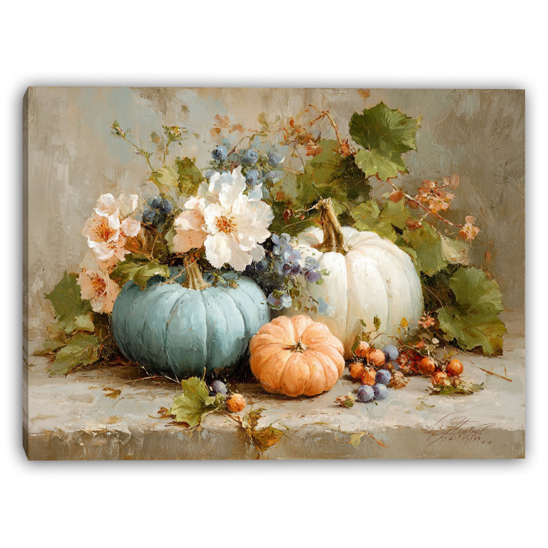 Automne citrouilles et fleurs sur toile tendue, H 16 po x l 24 po