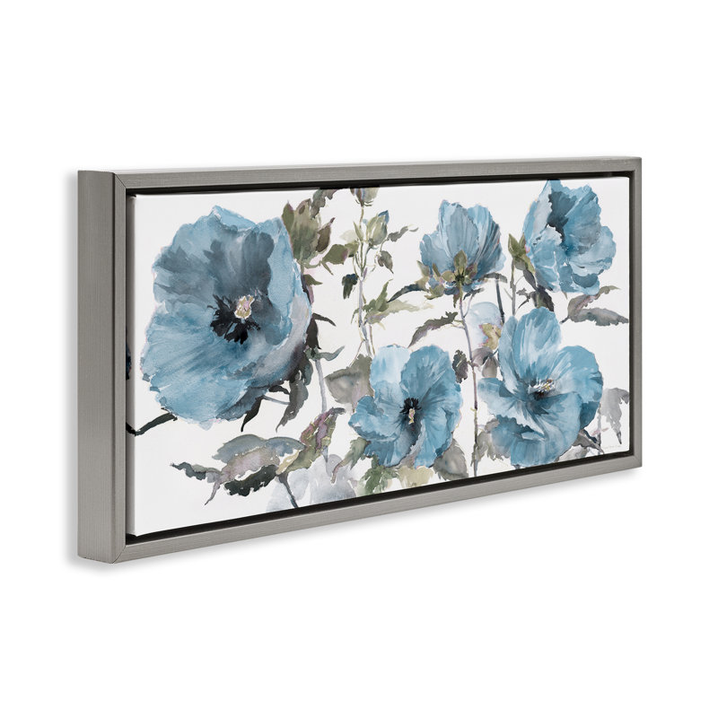  Coquelicots bleus sur toile flottante encadrée par Theresa Heidel, H 14 po x l 31 po, Cadre flottant gris lustré