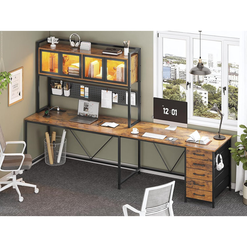 Roarke L-Shaped Computer Desk with Power Outlet, Brown/Black