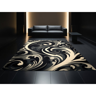 Machine Washable Penola Ornate Glam Damask Rug in Gray – Black Binding