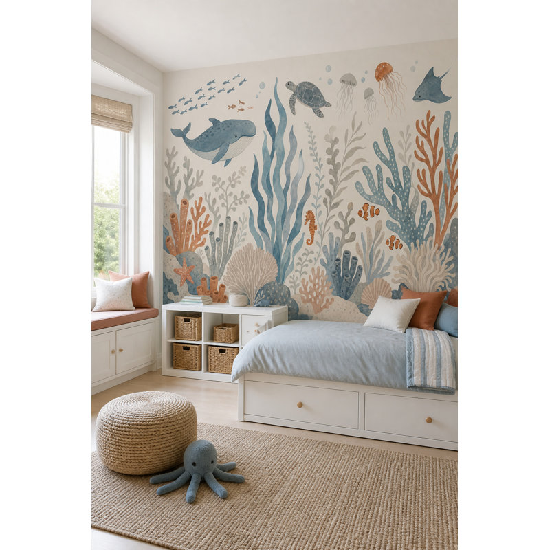 Murale de baleines sous-marines, 160 po x 108 po, Peler et coller