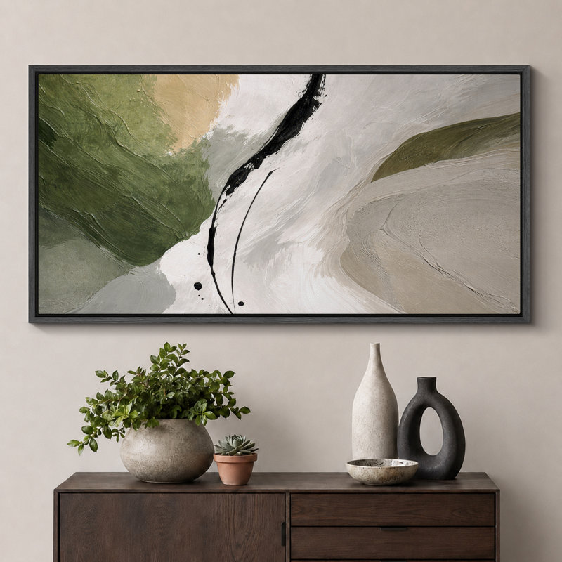 Abstrait vert beige, composition minimale, photos de salon contemporain, impression sur toile encadrée, Cadre noir