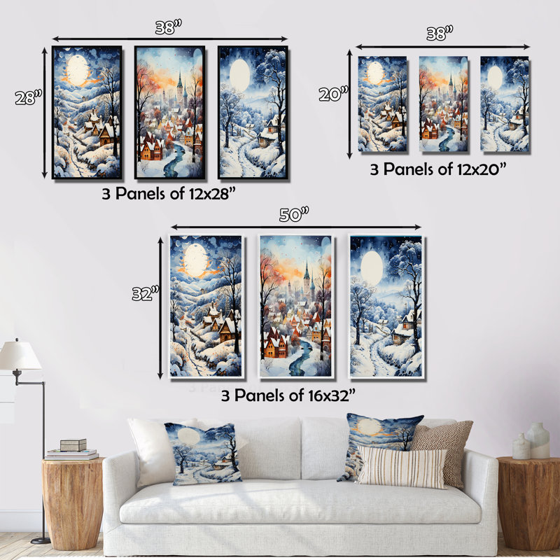 «Harmony Of Winter Village V», 3 pièces sur toile, H 40 po x l 60 po, Encadrement doré